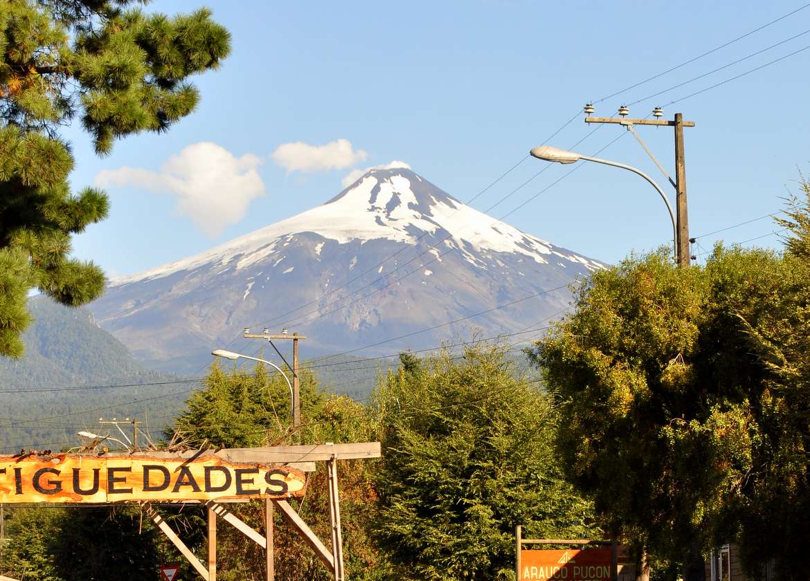 A view of Villarrica volcano from the town Pucon